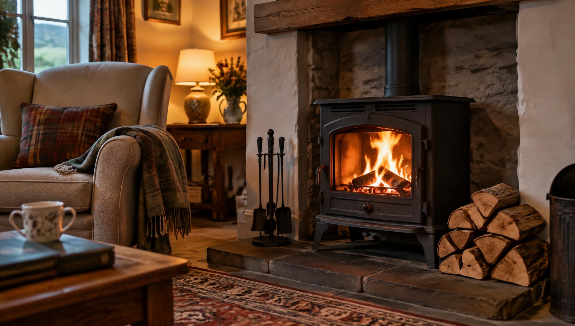 Wood stove lighting in a cosy living room with logs stacked beside it